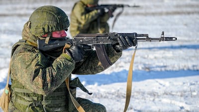 Tanks take part in drills at the Kadamovskiy firing range in Russia. Russia insists its military deployment on the Ukraine border is a response to what it sees as the growing presence of Nato. AP