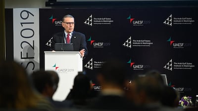 US Ambassador to the UAE John Rakolta speaking at the UAE Security Forum 2019: Reshaping the Future of the Horn of Africa. Photo Courtesy of AGSIW
