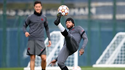 Neymar takes part during a PSG training session at the club's Camp des Loges training ground. AFP
