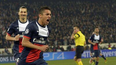 Paris-Saint Germain's Brazilian defender Marquinhos celebrates after scoring on Wednesday night. Miguel Medina / AFP / March 12, 2014