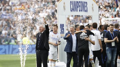 Carlo Ancelotti celebrates after winning La Liga. EPA