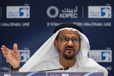 Abdulmunim Al Kindy, chairman of Adipec 2026, speaks at a press conference held Abu Dhabi Energy Center in Abu Dhabi on October 15,2026. Ryan Lim for The National