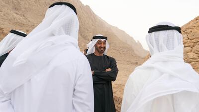 Sheikh Mohamed bin Zayed, Crown Prince of Abu Dhabi and Deputy Supreme Commander of the UAE Armed Forces (C) inspects Jebel Hafeet tombs. Rashed Al Mansoori / Ministry of Presidential Affairs