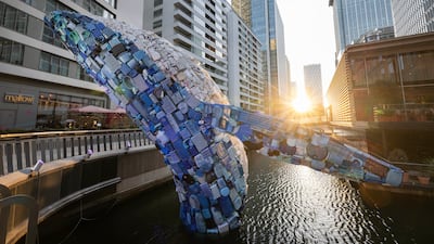 Whale on the Wharf (Skyscraper), a four-storey tall sculpture, at Canary Wharf's Wood Wharf, in East London. PA