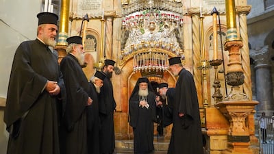 The Greek Orthodox Patriarch of Jerusalem Theophilos III performed a prayer for peace at the Church of the Holy Sepulchre in Jerusalem. Willy Lowry / The National