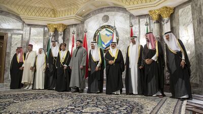 Sheikh Mohammed bin Zayed, Crown Prince of Abu Dhabi and Deputy Supreme Commander of the UAE Armed Forces, third right, stands for a photograph with participants of the GCC-Morocco Summit. He is seen with, from left to right, Saudi Arabia’s Crown Prince Mohammed bin Nayef bin Abdulaziz Al Saud, Prince Moulay Rachid of Morocco, Sheikh Sabah Al Ahmad Al Jaber Al Sabah, the Emir of Kuwait, Sheikh Tamim bin Hamad Al Thani, the Emir of Qatar, Oman’s deputy prime minister Sayyid Fahd bin Mahmoud, King Mohamed VI of Morocco, King Salman Bin Abdulaziz of Saudi Arabia, King Hamad bin Isa Al Khalifa, King of Bahrain, Saudi Arabia’s Deputy Crown Prince Mohamed bin Salman bin Abdulaziz, and Dr Abdullatif Al Zayani, Secretary General of the GCC. Ryan Carter / Crown Prince Court — Abu Dhabi
