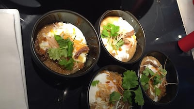 Roasted duck congee with sous vide poached egg, one of the offerings during Feast at the Sheraton Grand Hotel, Dubai. Photo credit Ann Marie McQueen
