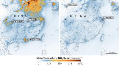 A picture made available by Nasa shows the concentration of nitrogen dioxide over China between 01 January 2020, left, and 25 February 2020. Monitoring satellites have detected significant decreases in nitrogen dioxide - a noxious gas emitted by motor vehicles, power plants, and industrial facilities - over China since the lockdowns began