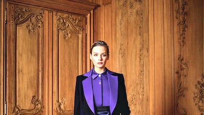 Sequin trousers with a crepe satin top, and velvet and satin blazer