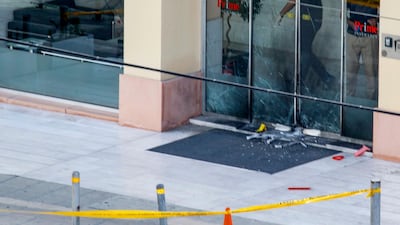 The exterior of the premises of an insurance company after a high-yield explosive device went off late the previous night in the Cypriot capital Nicosia. AFP