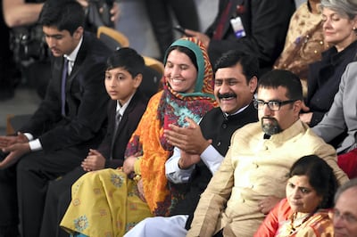Malala’s brothers, Khushal and Atal, mother Toor Pekai, father Ziauddin and co-laureate Kailash Satyarthi’s son Bahawan at the Nobel Peace Prize ceremony in Oslo, December 2014. AFP