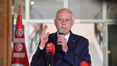 Tunisian President Kais Saied speaking on Monday. Photo: AP