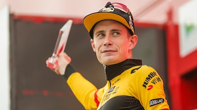 Danish rider Jonas Vingegaard of Jumbo-Visma celebrates his victory after the 13th stage of the Vuelta a Espana. EPA