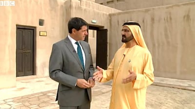Sheikh Mohammed speaks to Jon Sopel of the BBC at Sheikh Saeed Al Maktoum House, the historic Al Maktoum family home in Dubai. BBC News / Getty Images