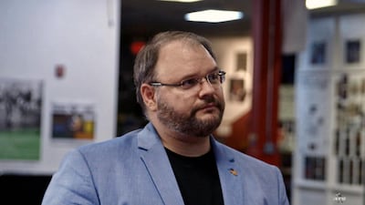 Jason Spencer in a scene from the series 'Who Is America', starring Sacha Baron Cohen. In the episode featuring Spencer, Cohen poses as an Israeli military expert who persuades Spencer to take part in several outlandish exercises. AP