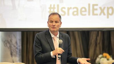 Ilan Sztulman, Israel Consul General, Dubai Consulate, speaking during the press conference about Israel's plans for Expo 2020 Dubai at Al Habtoor Palace in Dubai. Pawan Singh / The National.