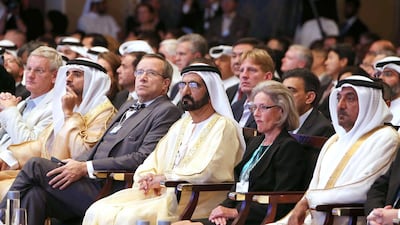 Sheikh Mohammed bin Rashid, the UAE Vice President and Ruler of Dubai, attends the plenary session of the World Economic Forum Summit on the Global Agenda 2014. Pawan Singh / The National