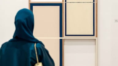 Emirati artist Sarah Almehairi's 2024 painting Off Centered Control is on display. Photo: Dubai Culture