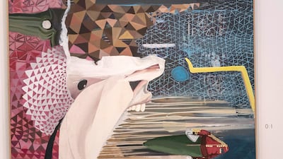 Rokni Haerizadeh, Ramin Haerizadeh and Hesam Rahmanian's 'Madame Tussauds VI' (2015). The painting depicts, sideways, an image from the wedding of the Duke and Duchess of Cambridge: Princes William and Harry in the background and the Middleton sisters, with wedding train held aloft, in the foreground. The faces are obscured in the painting’s collage of Bacon-esque Surrealism and harlequin geometry.