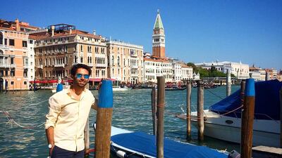 Humaid with the iconic San Marco tower in the background on a sunny day. (Courtesy: Humaid Mansoor)