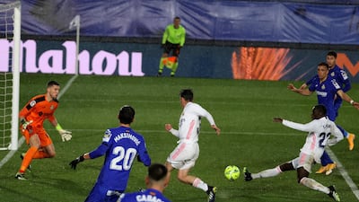 Real Madrid's Ferland Mendy fires home their second goal. EPA