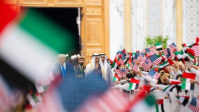President Sheikh Mohamed and US President Donald Trump are welcomed by children during a state visit reception at Qasr Al Watan last year. UAE Presidential Court
