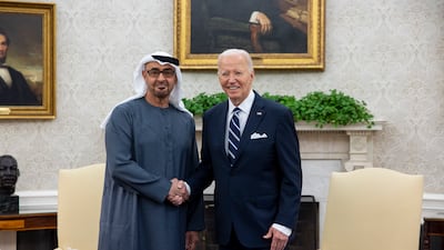 President Sheikh Mohamed and US President Joe Biden in the White House on Monday. UAE Presidential Court