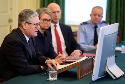 From left, British Prime Minister Keir Starmer, Foreign Secretary Yvette Cooper, Defence Secretary John Healey and head of the UK armed forces, Sir Richard Knighton. AFP