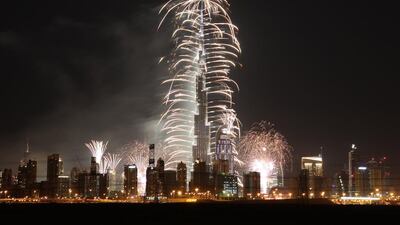 The fireworks extravaganza from the Burj Khalifa in Dubai could be seen from across town. Pawan Singh / The National