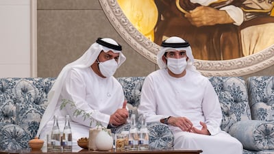 Sheikh Hamdan bin Zayed, Ruler’s Representative in Al Dhafra Region, receives condolences from the Crown Prince of Dubai.