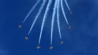 Al Fursan, the aerobatics demonstration team of the UAE Air Force, performs at the Dubai Airshow. Pawan Singh / The National