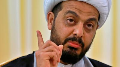 Qais Khazali, the leader of the militant group Asaib Ahl Al Haq, or League of the Righteous, speaks during an interview with The Associated Press in Baghdad, Iraq, Monday, Jan. 28, 2019. AP