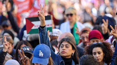 Rima Hassan seen with the protesters during the Pro-Palestine demonstration march in Marseille, southern France. Sopa Images