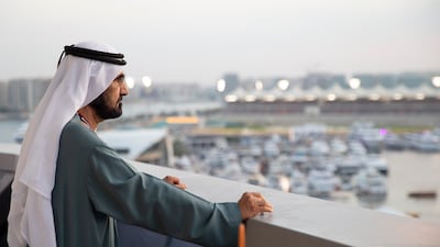 Sheikh Mohammed bin Rashid, Vice President and Ruler of Dubai, watches the Abu Dhabi Formula One Grand Prix at the Yas Marina circuit. Photo: Mohamed Al Bloushi / Ministry of Presidential Affairs