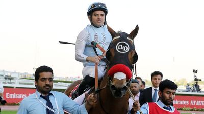 Fernando Jara and Wildman Jack after their victory in the Nad Al Sheba Turf Sprint, Pawan Singh / The National