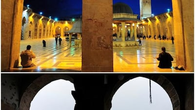 Aleppo’s Umayyad mosque pictured on March 12, 2009, top, and on December 13, 2016. Omar Sanadiki / Reuters