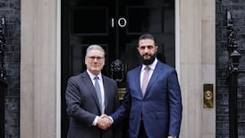 British Prime Minister Keir Starmer with Syrian President Ahmad Al Shara at No 10 Downing Street in London. EPA