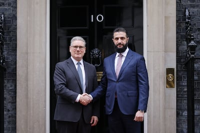 British Prime Minister Keir Starmer welcomes Syrian President Ahmad Al Shara to Downing Street, London, in March 2026. EPA