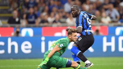 Romelu Lukaku scores his first goal for Inter Milan, their third in a 4-0 win over Lecce. AFP
