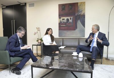 Tony Blair is interviewed by Mina Al-Oraibi, Editor in Chief of The National, and London Bureau Chief Damien McElroy. Stephen Lock for the National
