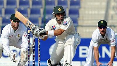 Misbah-ul-Haq plays a shot against South Africa in Abu Dhabi in November last year when he was the newly appointed Pakistan captain.