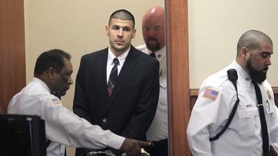 Aaron Hernandez hanged himself in his cell and was pronounced dead at a hospital early on Wednesday, April 19, 2017. Matt Stone/The Boston Herald via AP / File