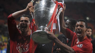 Cristiano Ronaldo of Manchester United holds the trophy with Nani after winning the UEFA Champions League final against Chelsea at the Luzhniki Stadium on May 21, 2008 in Moscow, Russia. Getty Images