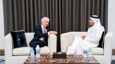 Sheikh Abdullah bin Zayed Al Nahyan received Mark Lowcock in the UAE on Monday. WAM/Saeed Jumoh