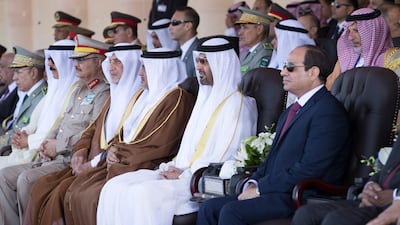 (R-L) HE Abdel Fattah El Sisi, President of Egypt, HH Sheikh Mohammed bin Zayed Al Nahyan, Crown Prince of Abu Dhabi and Deputy Supreme Commander of the UAE Armed Forces, HRH Prince Salman Bin Hamad Bin Isa Al Khalifah Crown Prince and First Deputy Supreme Commander of Bahrain and HRH Prince Khalid bin Faisal bin Abdulaziz Al Saud, Governor of Makkah Region of Saudi Arabia, attend the inauguration of the Mohamed Naguib Military Base.Mohamed Al Hammadi.