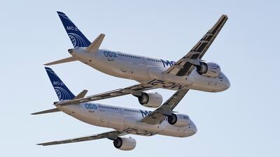 Irkut MC-21 mid-range jet airliners perform at the Maks 2021 air show in Zhukovsky, outside Moscow, Russia, in July 2021. Reuters
