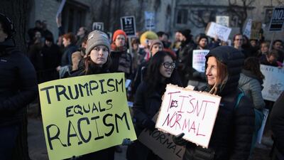 Demonstrators protest a visit by Corey Lewandowski, President Donald Trump's former campaign manager, at the University of Chicago on February 15, 2017 in Chicago, Illinois. Lewandowski was invited to the campus to participate in a seminar presented by U. of C.'s Institute of Politics. AFP