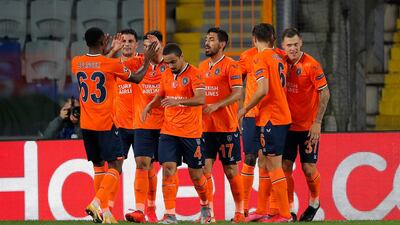 Istanbul Basaksehir players celebrate after Demba Ba scores his side's opening goal. AP