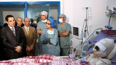 Tunisian President Zine El-Abidine Ben Ali visits Mohamed Al Bouazzizi, the protester who set himself alight on 17 December in what triggered riots in Tunisia and thus the Arab Spring.