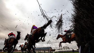 Runners and riders during the McCoy Contractors Civil Engineering Classic Handicap Chase at Warwick Racecourse in England, on Saturday, January 11. PA